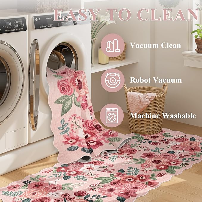 DUKINO 2x10 Runner Rug for Hallway, Washable Kitchen Rug with Non Slip Backing & Non-Shediing, Soft Low Pile Floral Design Runner for Bedroom, Kithchen, Living Room, Laundry, Bathroom, Pink