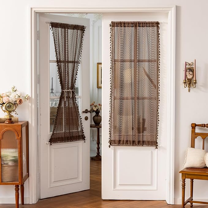 Sutuo Home Dark Coffee French Boho Door Curtains for Front Door Glass & Sidelights, Farmhouse Light Filtering Bohemian Tassels Vintage Privacy Drapes for Door Window, Rod Pocket 2 Panels 25" W x 72" L