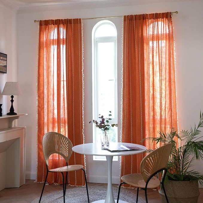RoomTalks Orange Boho Farmhouse Curtains for Bedroom Living Room 63 Inch Length French Country Fall Autumn Cute Textured Window Curtain Panels Striped Bohemian Chic Tassel Draperies, 63’’L x 52’’W