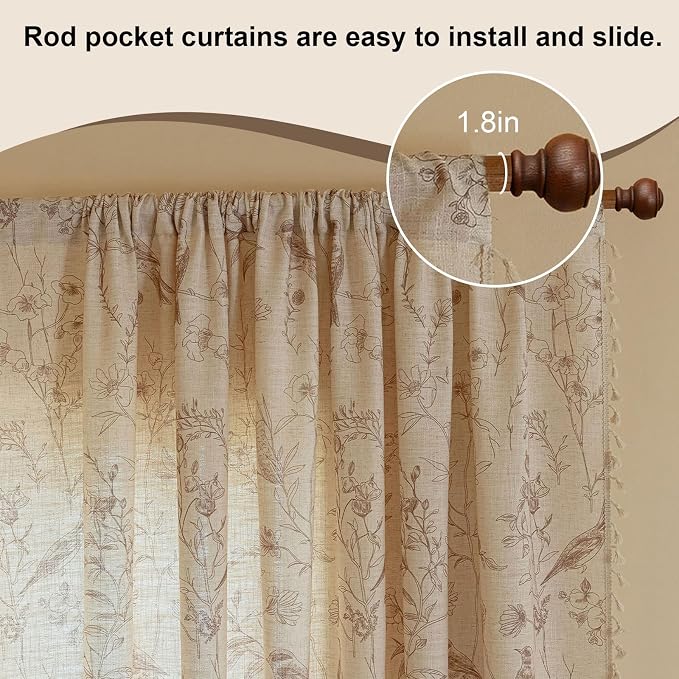 OYX Boho Curtains 63 Inches Long, Beige Semi Sheer Farmhouse Drapes with Floral & Garden Birds, Vintage Rod Pocket Window Curtain Set of 2 Panels for Kitchen Bedroom
