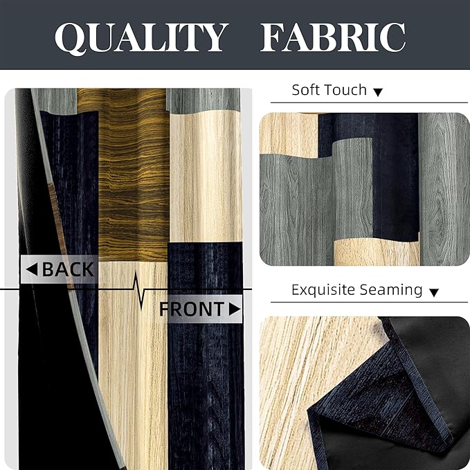 Tyrot Wood Print Retro 100% Blackout Curtains for Bedroom 63 inch Long 2 Panels Set Modern Abstract Geometric Black Out Curtains Insulated Room Darkening Window Drapes for Living Room, 52Wx63L