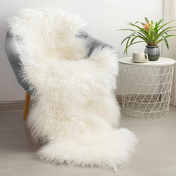 100% Genuine Sheepskin Area Rug Real Lightweight Fluffy Soft Mongolian Long Wool Fur Carpet for Couch Bed Sofa Bedroom Living Room White 2x5ft
