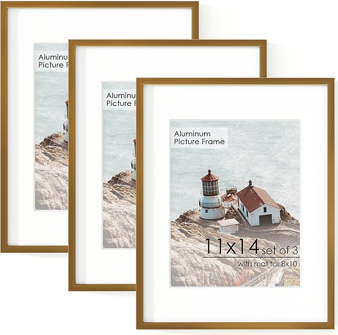 FLYJOE 11x14 Picture Frame -11x14 Metal Picture Frame With Mat For 8x10 | 14x11 Frame Aluminum | Plexiglass And Hanging Hardware Included | 11 by 14 Poster Frame, 3PCs, Bronze