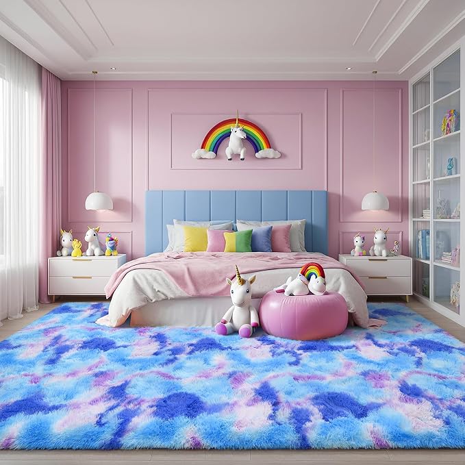 AROGAN 2x4 Feet Soft Runner Rugs for Bedroom Plush Fluffy Rug, Shag Furry Area Rug Carpet Non Shedding for Nursery Children Kids Girls Room Home Hallways Decorative, Blue and Purple