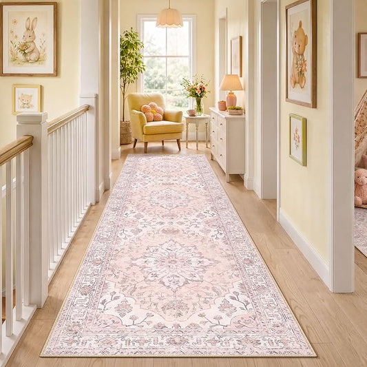 RELEANY Area Rugs Runner 3'x10' Washable Non-Slip, Floral Vintage Distress Medallion Carpet for Kitchen Hallway Bedroom Beside Laundry Room Bathroom, Pink Greypink Cute