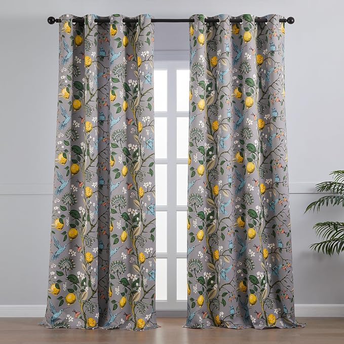Topfinel Black Dark Floral Grey Blackout Curtains, Gray Decorative French Country Grommet Dark Academia Antique Decor Hummingbird Window Covering for Living Room Bedroom Dining,84 Inch Length