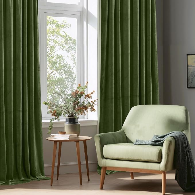 StangH Moss Green Living Room Thermal Curtains 108 inches, 2 Panels | Noise Dampening Bedroom Window Drapes, 300GSM Soft Velvet, Christmas Holiday Decor, Thermal Insulated, Sliding Door, Gifts