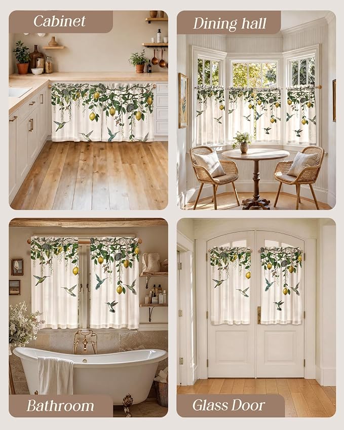 Miss Adola Farmhouse Kitchen Tier Curtains - 45 Inch Length Linen Blend Vintage Cafe Curtains Lemon Bird Small Window Treatments Over Sink Rod Pocket for Bathroom Living Room Light Filtering, 2 Panels