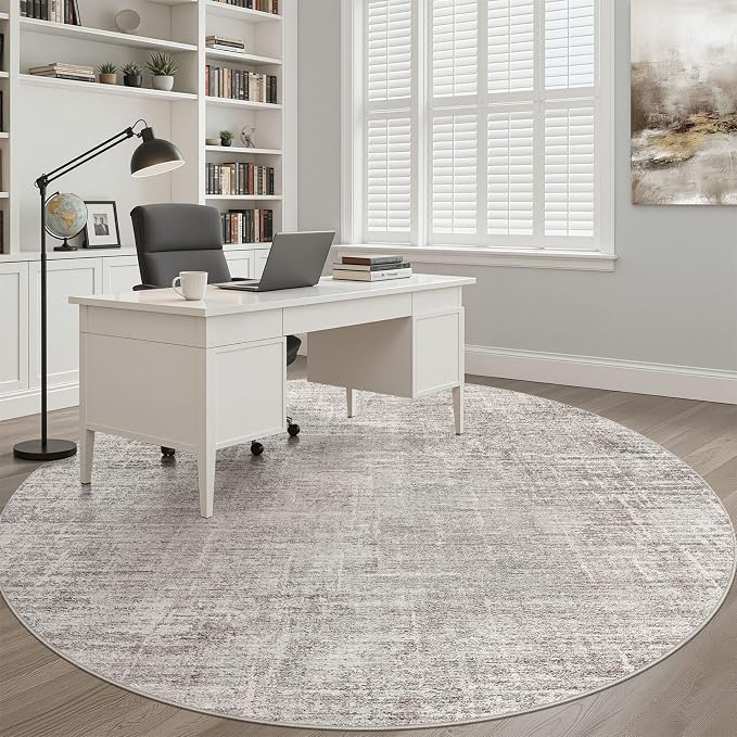 8ft Round Rug Living Room: 8x8 Washable Large Neutral Circle Area Rug Abstract Soft Modern Stain Resistant Indoor Floor Non-Slip Carpet for Bedroom Nursery Kids Office Playroom Dining Room- Brown Gray