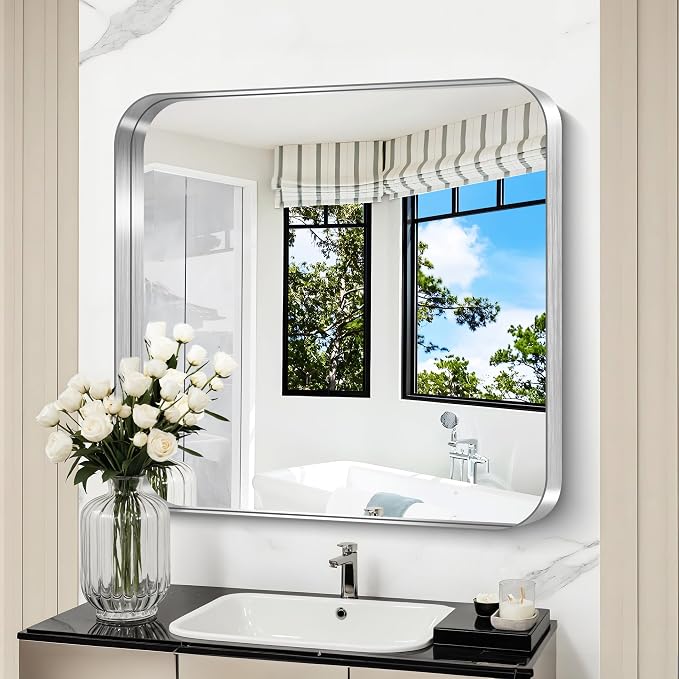 CIRCUMI Silver Bathroom Mirror, 30"x30" Rectangular Mirror with Deep Metal Frame, Rounded Corner, Tempered Glass, Square Mirror for Wall, Oversink, Bedroom, Living Room, Vanity, Entryway,Crystal-Clear