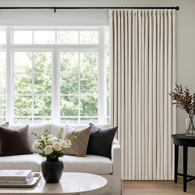 60 Inch Extra Wide 100% Blackout Curtains 90 Inches Long 1 Panel for Bedroom, Natural Memory Trained Pleated Thick Linen Thermal Noise Reducing Neutral Windows Curtain Light Blocking Drapes 60x90