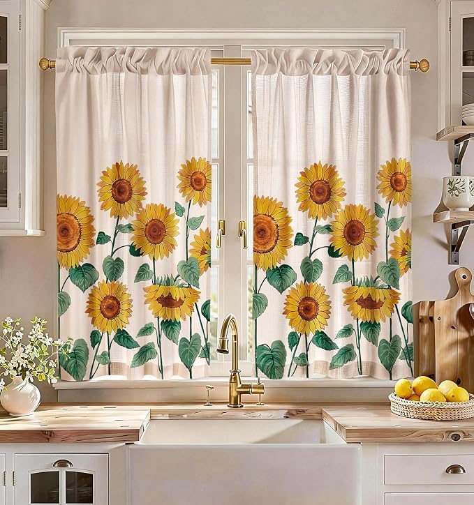 Miss Adola Sunflower Kitchen Tier Curtains - 45 Inch Length Linen Blend Farmhouse Cafe Curtains Floral Small Window Treatments Over Sink Rod Pocket for Bathroom Living Room Light Filtering, 2 Panels