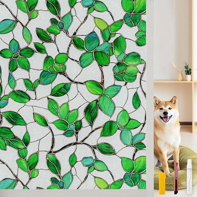 COUNTEWOL Window Privacy Film with Installation Tools Home Decorative Colored Glass Window Stickers Reusable electrostatic Rainbow Stickers (Frosted Greenery Leaf, 45.2 x 78.7 in)