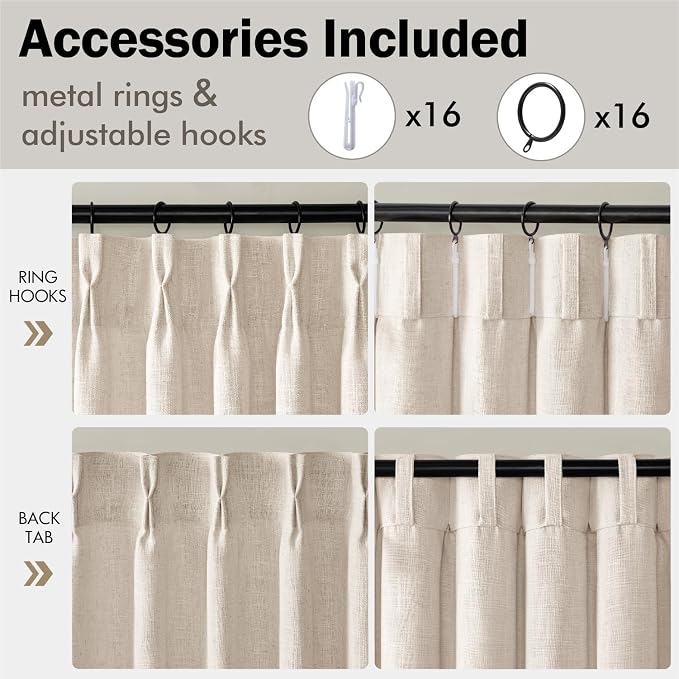 MIULEE Pinch Pleated Thick Linen Curtains 96 Inches Long 2 Panels for Living Room Bedroom, Memory Trained Pleat Drapes Light Filtering Cream Ivory Semi Sheer Window Curtains Hooks Rings Back Tab