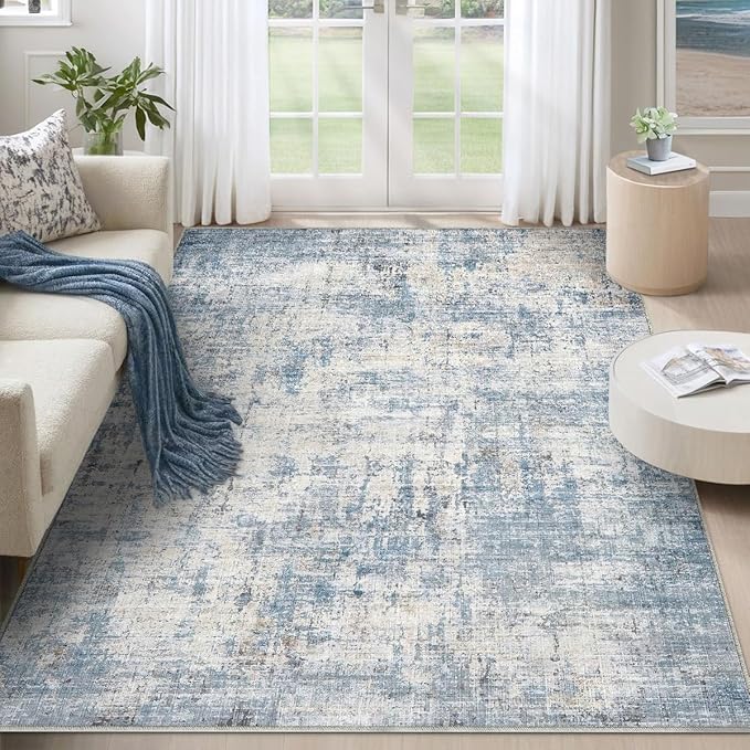 5x7 Area Rugs Washable Living Room Rug-No Slip Soft Carpets Modern Abstract Coastal Indoor Floor Stain Resistant Carpet for Bedroom Dining Room Farmhouse Nursery Home Office Blue