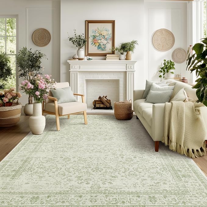 Sage Green Area Rugs 9x12 Living Room No Slip Stain Resistant Large Area Rug for Bedroom Low Pile Soft Boho Distressed Style Light Green Rug 9 x 12 Washable Carpet for Dining Room Playroom
