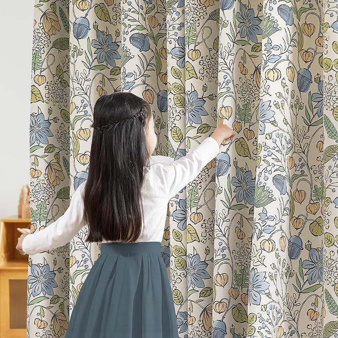 Vangao Blue Nursery Curtains for Kids Room Floral Blackout Curtains 84 Inch Length Farmhouse Drapes for Bedroom Room Darkening Flower Patterned Window Treatment for Kids Set of 2