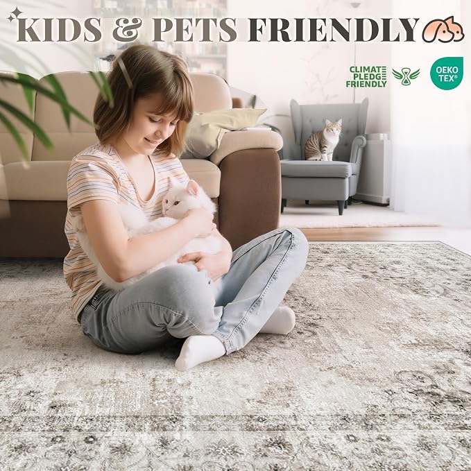 Area Rug 5x7 Vintage Rug: Washable Indoor Medallion Rugs Low Pile Distressed Floor Carpet Retro Accent Rug for Living Room Bedroom Kitchen Dining Table Home Office(Distressed Taupe, 5'x7')