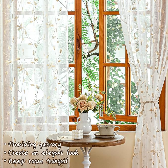 AmHoo 2 Panels Embroidered Leaf Pattern Semi Sheer Curtains Foliage Floral Voile Window Draperies Treatment for Bedroom Living Room Rod Pocket White Beige 53 x 84 Inch