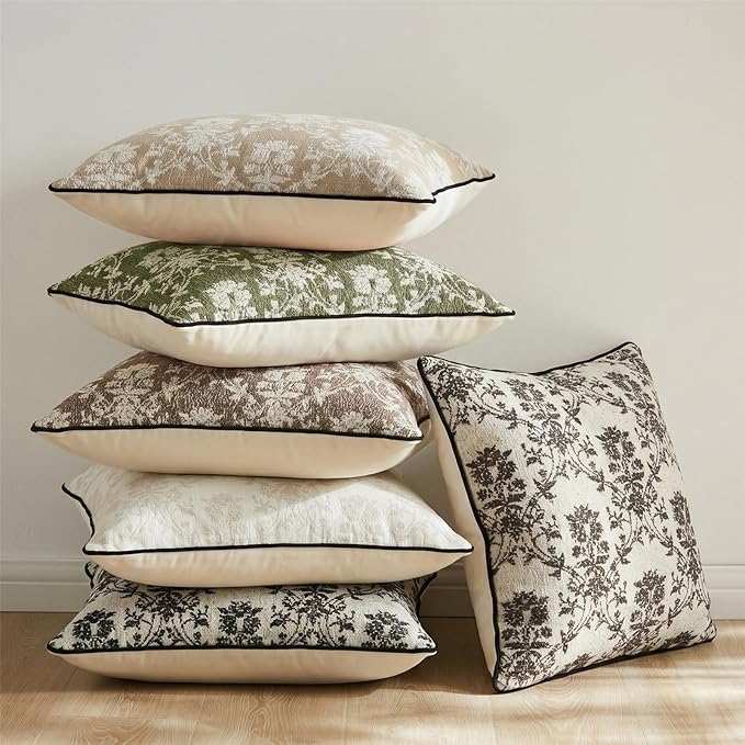 20x20 Inch Vintage Vine Floral Pillow Covers Set of 2, Large Woven Cushion Covers with Corded Piping and Velvet Back for Sofa Couch Living Room Decor, Olive Green