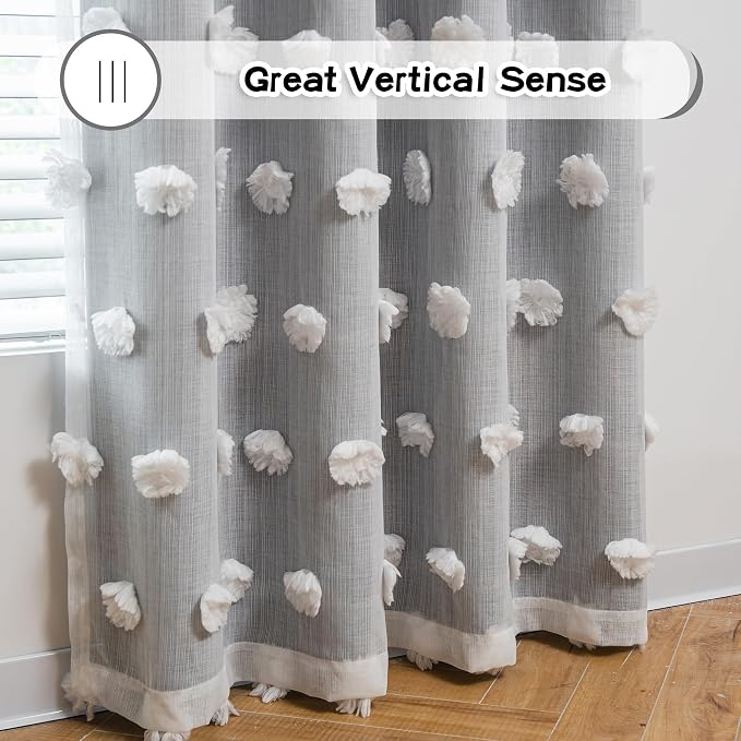 MYSKY HOME Grey Blackout Curtains for Kids Room Boys Bedroom 72 Inch Long Double Layer Curtain with White Pom Pom Sheer for Dining Room Back Tab Room Darkening Window Drapes 2 Panels, 52 x 72 in