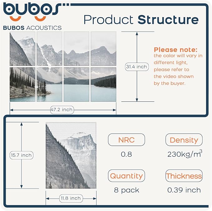 BUBOS 8 Pack Acoustic Wall Panels - High-Density Polyester Sound Absorbing Panels, Decorative Print Treatment for Recording Studio & Home Office, Peel and Stick, 16" x 12"