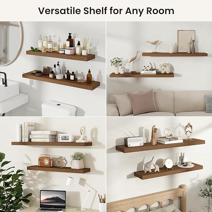 Fun Memories Floating Shelves for Wall, 72 Inch Long Set of 2 Rustic Wood Wall Shelves with Invisible Brackets, Heavy Duty Storage Display for Living Room Bedroom Kitchen, Walnut