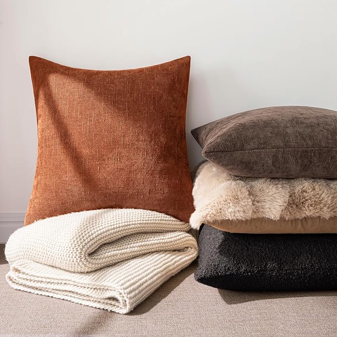 MIULEE Pack of 2 Decorative Throw Pillow Covers Soft Chenille Throw Pillows Fall Solid Textured Cushion Covers for Couch Sofa Bedroom Living Room 18x18 Inch,Burnt Orange
