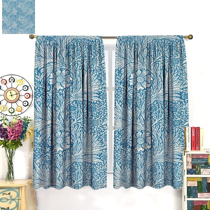 Bohe Vintage Floral Blackout Windows Curtains, William Morris Original Design Blue Flower Pattern Rod Pocket Curtains, for Living Room Bedroom 27.5(W)*63(L) 2 Panels