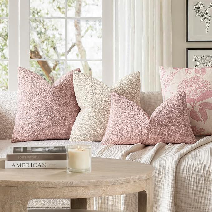 Foindtower Set of 2, Decorative Textured Boucle Throw Pillow Covers Accent Solid Pillow Cases Neutral Soft Cozy Couch Cushion Case for Chair Sofa Bedroom Living Room Home Decor 26x26 Inch Sakura Pink