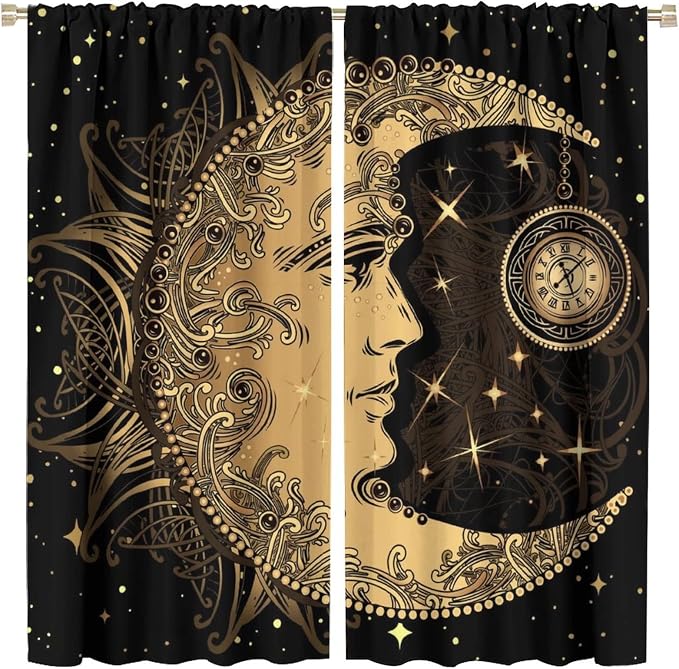 Sun Moon Blackout Windows Curtains, Retro Bohemian Antique Hippie Gold Sun Crescent and Star Curtains, for Living Room Bedroom 42x45in 2 Panels
