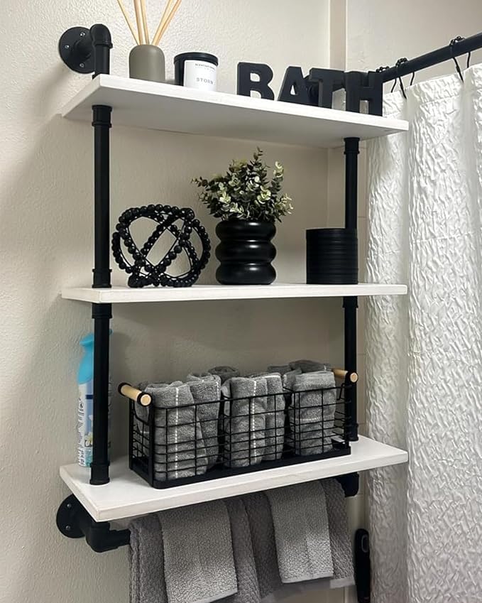 ROGMARS Industrial Pipe Shelving Bathroom Shelves with Towel Bar | Retro White Rustic Farmhouse Industrial Wall shelf Bathroom Shelves Over toilet for Storage 3 Tier 24 inch