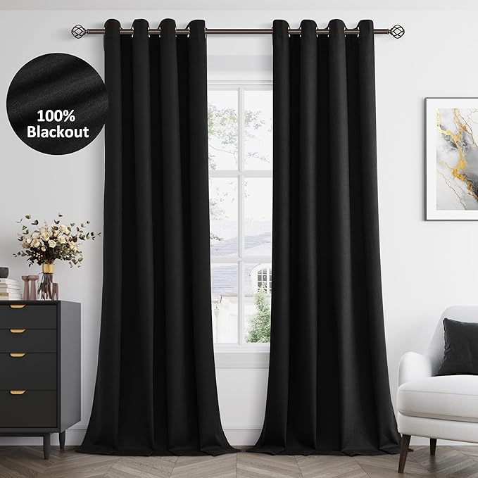 Jowels Black Linen Blackout Curtains 90 Length 2 Panels Set for Living Room Bedroom, 100% Black Out Thermal Insulated Linen Drapes, Room Darkening Grommet Curtains 90 Inches Long
