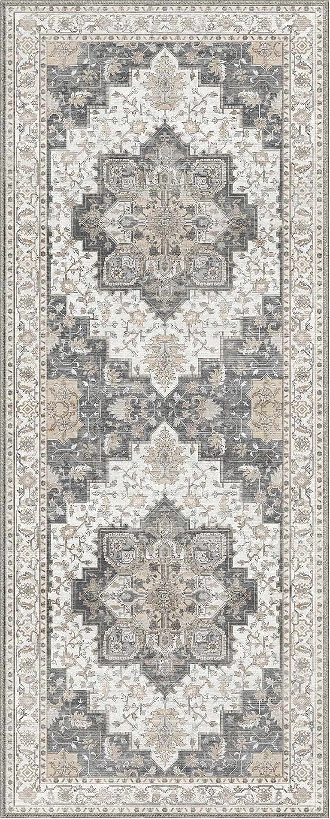 GENIMO 2x12 Runner Rugs for Hallway, Machine Washable Non Slip Vintage Rugs, Low Pile Lightweight Soft Print Rug for enrtyway, Corridor, Home Office, Kitchen, Heathered Grey