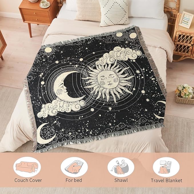 Boho Throw Blanket Reversible Cotton Bohemian Tapestry Hippie Room Decor Outdoor Blanket Double Sided (Sun Moon 50"x60")