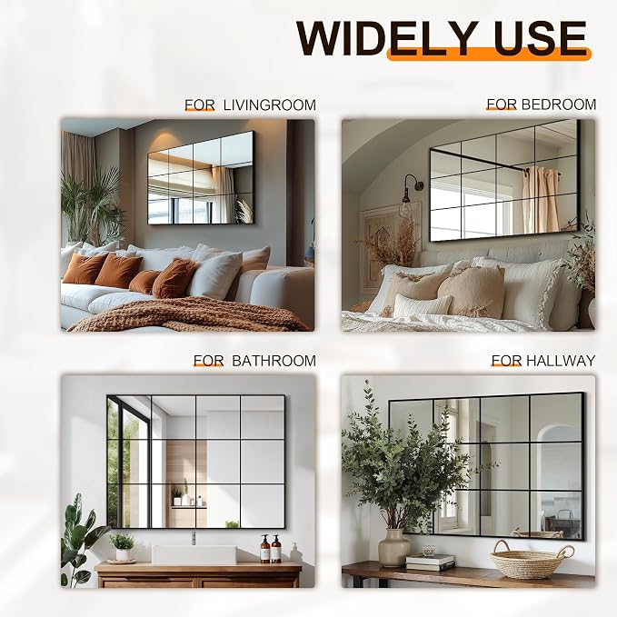 Delma Wall Mirror, 40"X30" Window Pane Mirror for Living Room Decor, Decorative Wall Art, Large Wall for Bedroom, Hallway, Living Room
