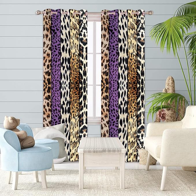 Wild Animal Print Curtain, Room Darkening Thermal Insulated Blackout Leopard Boa Window Drapes with Grommets for Living, Dining, Bedroom, Purple Leopard Print, 42"x 84", 2 Panels