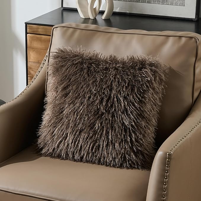 FUTEI Pack of 2 Shaggy Mongolian Faux Wool Throw Pillow Covers 18x18 Inch Soft Fluffy Farmhouse Decorative Cushion Case for Couch Bed Living Room, Dark Coffee