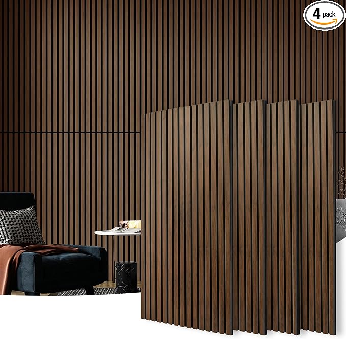 Art3d 4 Pack 47.2 x 23.6in. Wood Slat Acoustic Panels for Wall and Ceiling - 3D Fluted Sound Absorbing Panel with Wood Finish - Dark Walnut