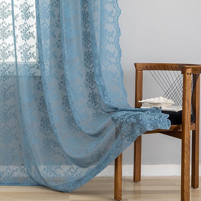YJ YANJUN Vintage Lace Curtains 63 Inch Length - Victorian Floral Pattern Stone Blue Sheer Curtains for Boys Bedroom Privacy Summer Beach Themed Ocean Coastal Room Decor 2 Panels W52 x L63 Dusty Blue