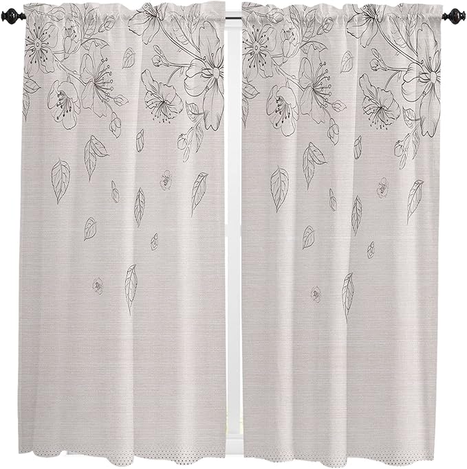Kitchen Tier Curtains 63 inches Length, Flowers Leaves and Polka Dot Texture on Cotton Linen Window Curtains for Living Room Bath,Rod Pocket Light Filter Drapes Half Window Treatment Tiers 2 Panels