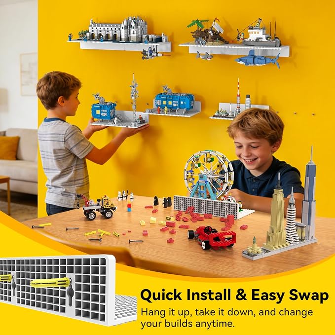 BlissBox 8-Pack Large Display Shelves for Wall Compatible with Lego Building Bricks, 11.3x6.3inch Dual-Sided 36x20 Studs for Brick Display and Storage, for Medium & Large Brick Builds, White
