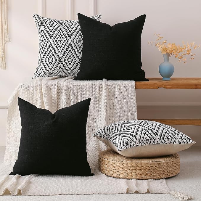 HPUK Throw Pillow Covers 20x20 Inch Set of 4, Linen Decorative Pillow Covers, Accent Cushion Covers for Couch Sofa Bed Bedroom Living Room Décor, Black