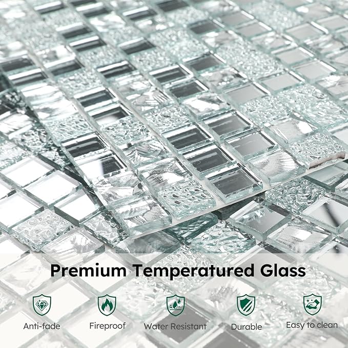 Diflart Peel and Stick Mirror Glass Mosaic Tile Crystal Square Frosted Backsplash for Kitchen Bathroom Wall Pack of 6 Sheets