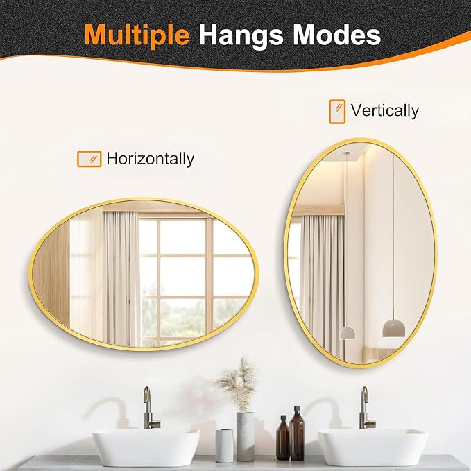 Oval Bathroom Vanity Mirror for Wall, 38''x26'' Gold Oval Bathroom Mirror for Over Sink, Bedroom, Living Room, Entryway, HD Tempered Glass, Wall Mounted Horizontally or Vertically