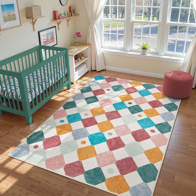 jinchan Macy 6x9 Kids Area Rug for Classroom Modern Colorful Nursery Rug Checkered Diamond Play Mat Washable Soft Non Slip Carpet for Playroom Living Room Bedroom Daycare Confetti on Cream