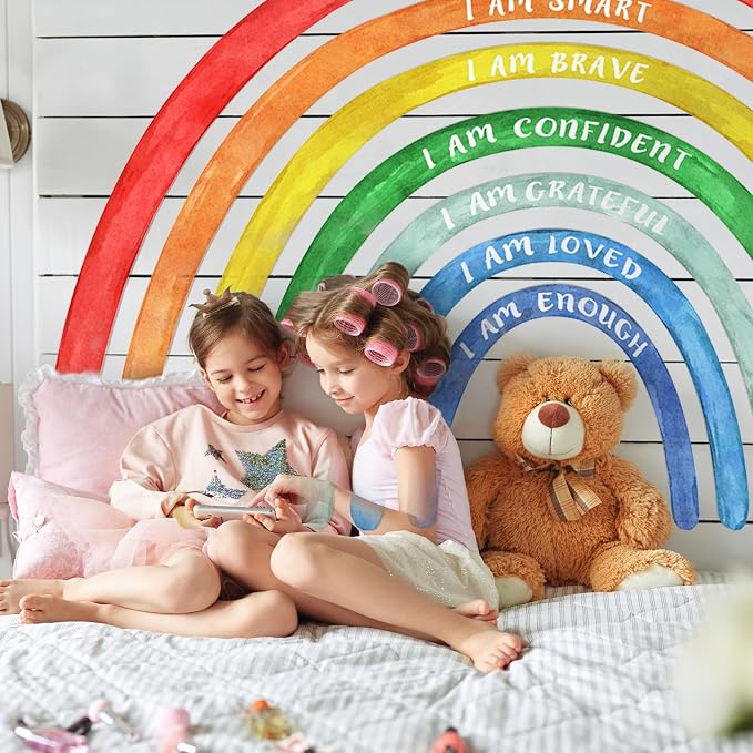 Tinideya 77" x 47'' Large Watercolor Rainbow Wall Decal with Inspirational Quote, Peel and Stick Rainbow Stickers Watercolor Vinyl Wall Mural Art for Girls Toddlers Playroom Bedroom Classroom(Bright)