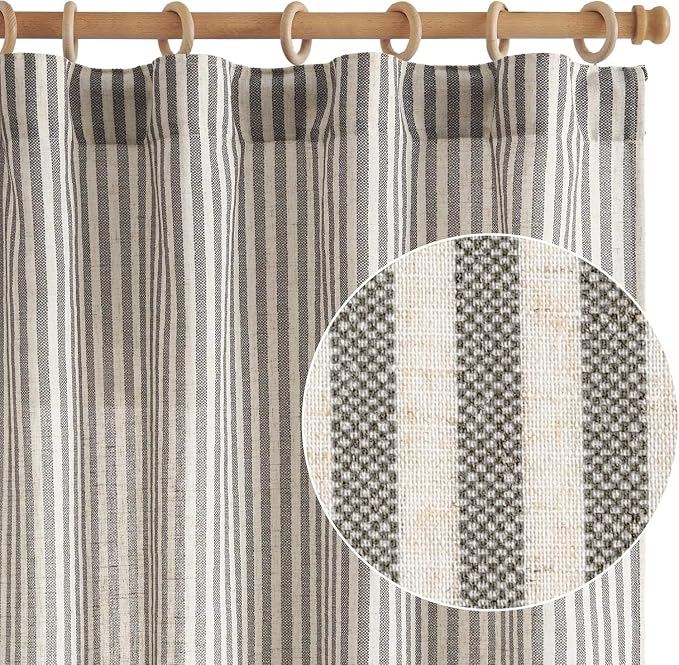 jinchan Linen Curtains 84" Charcoal Grey Stripe on Beige Back Tab 4 Panels | Curtains For Living Room Bedroom,Ticking Stripe Pattern, Farmhouse Cottage Core Rustic,Window Treatment,Light Filtering