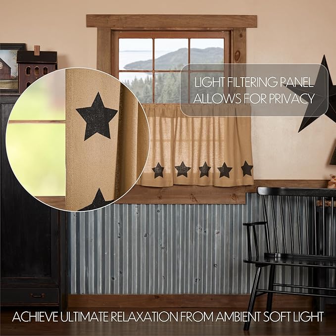 VHC Brands Burlap Natural with Black Stars Primitive 24"x36" Tier Pair Tan Rod Pocket Stenciled Cotton Kitchen Window Curtains