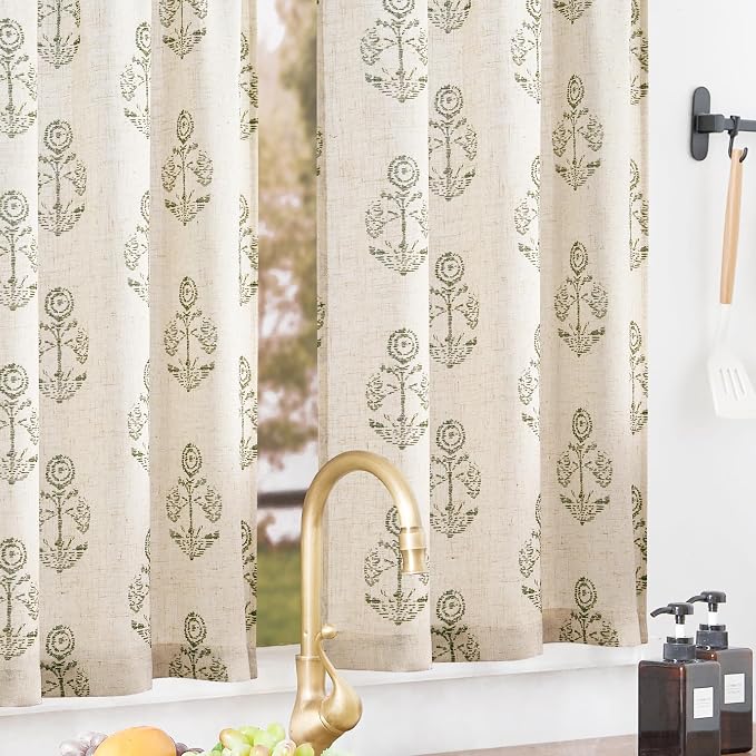 jinchan Linen Kitchen Curtains 36 Inch Floral Tier Curtains Farmhouse Cottage Core Flax Cafe Rod Pocket Country Small Window Drapes for Laundry Room Bathroom RV 2 Panels Sage Green on Beige